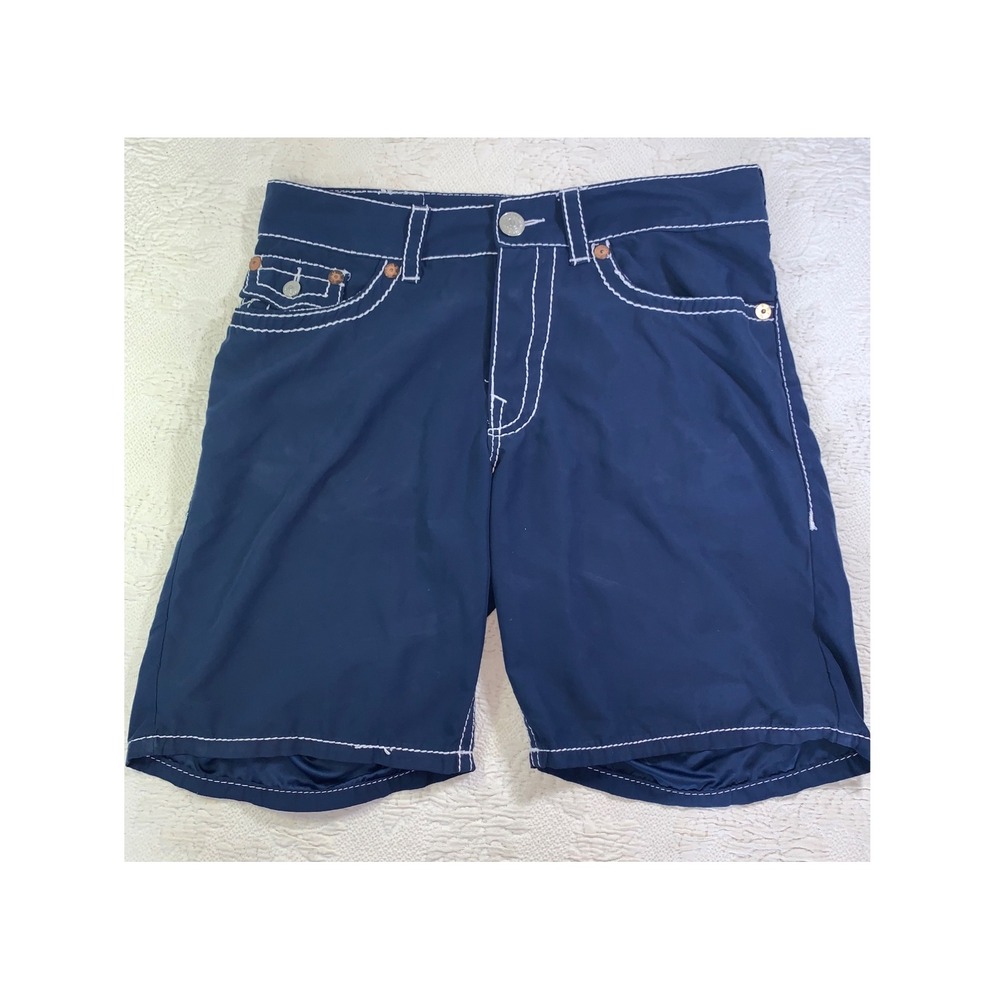 True Religion Big T Navy Blue Board Shorts Mens 36 White Contrast Stitch Swim